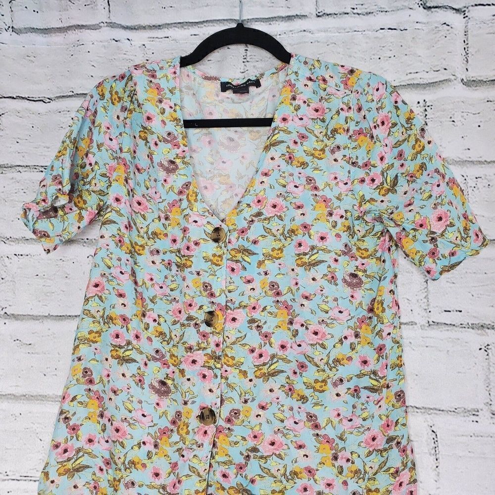 Something Navy Floral Woven Button Up Blouse Womens Medium teal chalk ditsy